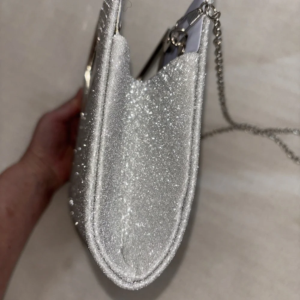 Silver Glitter Evening Bag Clutch Crossbody Silver Chain Prom‎ Formal